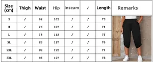 Women's summer casual cropped pants size chart with elastic waist and side button details