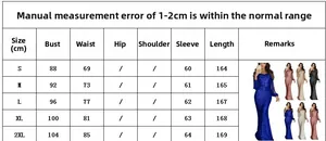 Detailed size chart for the long sleeve sequin evening dress with fringe from S to 2XL