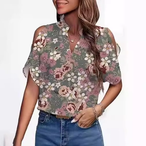 Floral V-neck cold-shoulder blouse for women with elegant ruffles and summer print