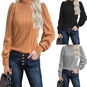 Women Mock Neck Ribbed Long Sleeve T-Shirt Puff Sleeve Solid Color Casual Fall Winter Soft Knit Top Loose Fit Fashion