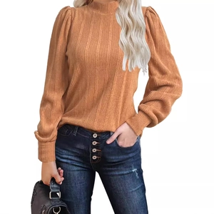 Women's autumn casual knit long sleeve top with puff sleeves and turtleneck in tan brown