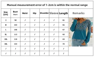 Comprehensive size chart for V-neck ethnic long sleeve T-shirt from sizes S to 3XL