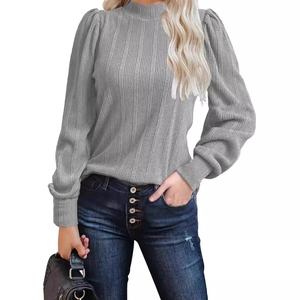 Women's grey rib-knit long sleeve T-shirt with puff sleeves and turtleneck in casual style