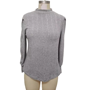 Women's dark grey slim fit ribbed knit long sleeve thermal t-shirt with mock neck