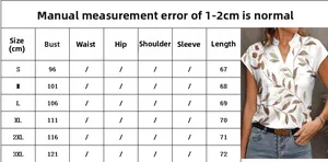 Tabella taglie per t-shirt da donna con scollo a V e stampa a foglie, taglie dalla S alla 3XL