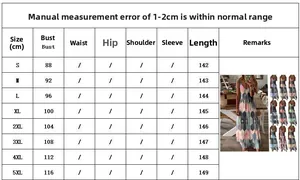 Tableau des tailles pour robe longue fleurie avec mesures du S au 5XL pour femmes