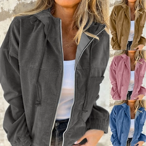 Women Casual Corduroy Hooded Jacket Loose Solid Color Zip Up Outerwear With Drawstring Elastic Cuffs Fall Fashion Coat