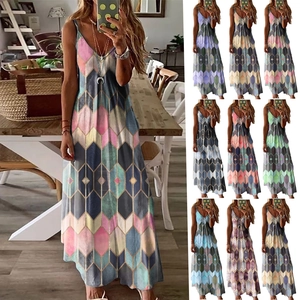 Robe Maxi Décontractée d'Été pour Femmes avec Col en V et Imprimé Géométrique Losange Robe Longue de Vacances Sans Manches