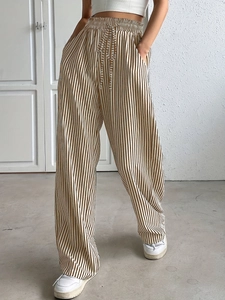 Pantalon large à rayures verticales marron et blanc pour femme avec taille élastique cordon