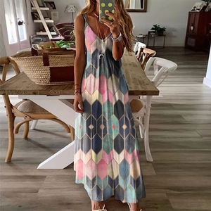Robe longue d'été à col en V pour femme avec imprimé géométrique bohème et fines bretelles