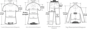 Detailed size measurement guide showing bust, waist, and length dimensions for various garments