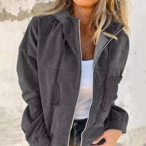 Women's dark grey corduroy hooded jacket with full-zip front and elastic cuffs
