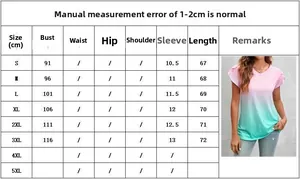Detailed size chart for V-neck tie-dye short sleeve tee showing S to 5XL measurements
