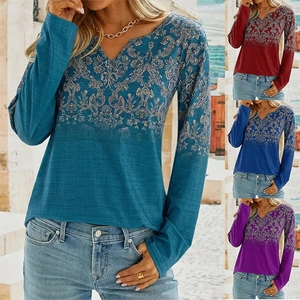 Women's Casual Long Sleeve V Neck T-Shirt Vintage Damask Floral Print Polyester Top Autumn Winter Fashion Ethnic Style Tee