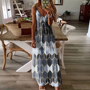 Robe longue pour femme à col en V avec imprimé géométrique bleu et gris et fines bretelles