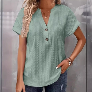 Women's light green V-neck buttoned T-shirt with vertical pleated texture and casual style