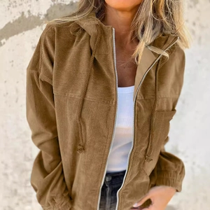 Women's brown corduroy hooded jacket with full-zip closure and drawstring details