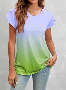 Detailed view of the V-neckline and ombre blue-green gradient fabric of the summer t-shirt