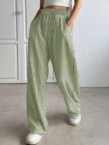 Green and white vertical striped high waist wide leg pants with adjustable drawstring