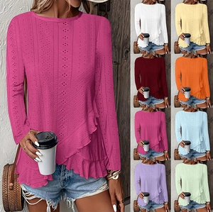 T-shirt Décontracté à Manches Longues pour Femmes Broderie Anglaise Ourlet à Volants Col Rond Haut Boho Couleur Unie