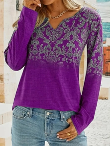 Women's casual purple V-neck long sleeve T-shirt with vintage floral print accents