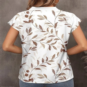 T-shirt estiva da donna con scollo a V e stampa di foglie marroni su bianco retro