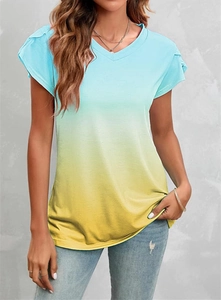 Detail shot of the V-neckline on this summer tie-dye short sleeve shirt with petal sleeves