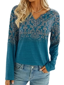 Women's V-neck long sleeve top in peacock blue with vintage floral bohemian prints
