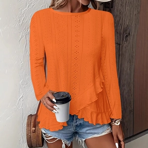 Haut orange à manches longues pour femmes avec broderie anglaise et ourlet à volants
