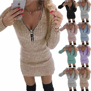 Detail view showing nine colors of long sleeve ribbed knit mini dresses with zipper