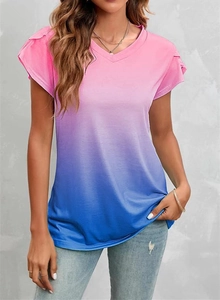 Women's V-neck tie-dye short sleeve top with pink to blue gradient and petal sleeves