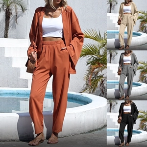 Tenue Décontractée pour Femmes Couleur Unie Cardigan Ouvert Sur Le Devant et Pantalon à Taille Haute Haut Et Bas