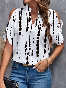 Women's V-neck cold shoulder top with black abstract ink stripes on white fabric