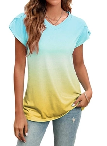 Women's V-neck tie-dye short sleeve tee in blue-green to yellow gradient with petal sleeves