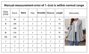 Tabella taglie per cardigan in maglia a coste con misure di busto e lunghezza in cm