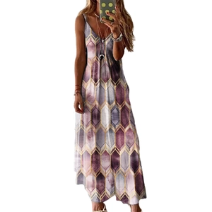 Robe longue d'été pour femmes avec col en V et imprimés géométriques violets et dorés