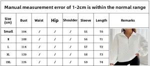 Size chart for women's long sleeve zipper sweatshirt with detailed measurements