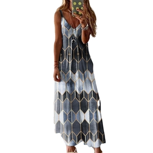 Robe longue moderne à col en V avec imprimé géométrique nid d'abeille bleu et doré
