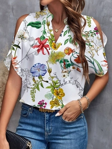 Floral print v-neck cold shoulder summer blouse for women in white floral pattern