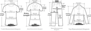 Guida alle taglie dettagliata con parametri di misurazione per top, abiti e pantaloni