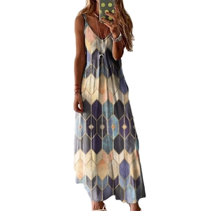 Robe longue d'été décontractée à col en V, sans manches, imprimé géométrique vintage, coupe en A