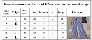 Size chart for casual striped pants with high-waist tie and detailed measurements table