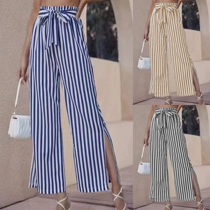 Women High Waisted Striped Wide Leg Pants Casual Loose Paperbag Waist Trousers With Side Slits Tie Belt Fashion Summer Pants