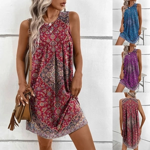 Robe Bohème Sans Manches Pour Femmes Imprimé Mandala Été Décontracté Ethnique Col Rond Mini Robe De Vacances Et Plage