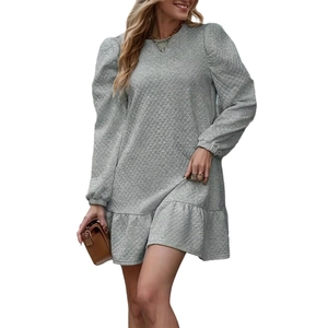 Grey long sleeve quilted sweatshirt dress with lantern sleeves and ruffled hem for women