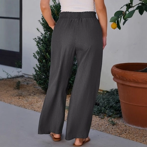 Women's high waist wide leg denim jeans in charcoal grey with an elastic waist back view