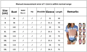 Size chart showing bust and length for loose round neck short sleeve printed t-shirts