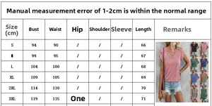 Tableau des tailles détaillé pour t-shirt col V femme montrant les mesures du S au 3XL