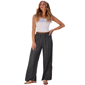 Women's high waist wide leg cotton linen trousers in charcoal grey with side pockets