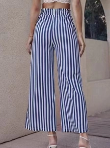 Rear view of high waisted wide leg trousers with blue and white vertical stripes